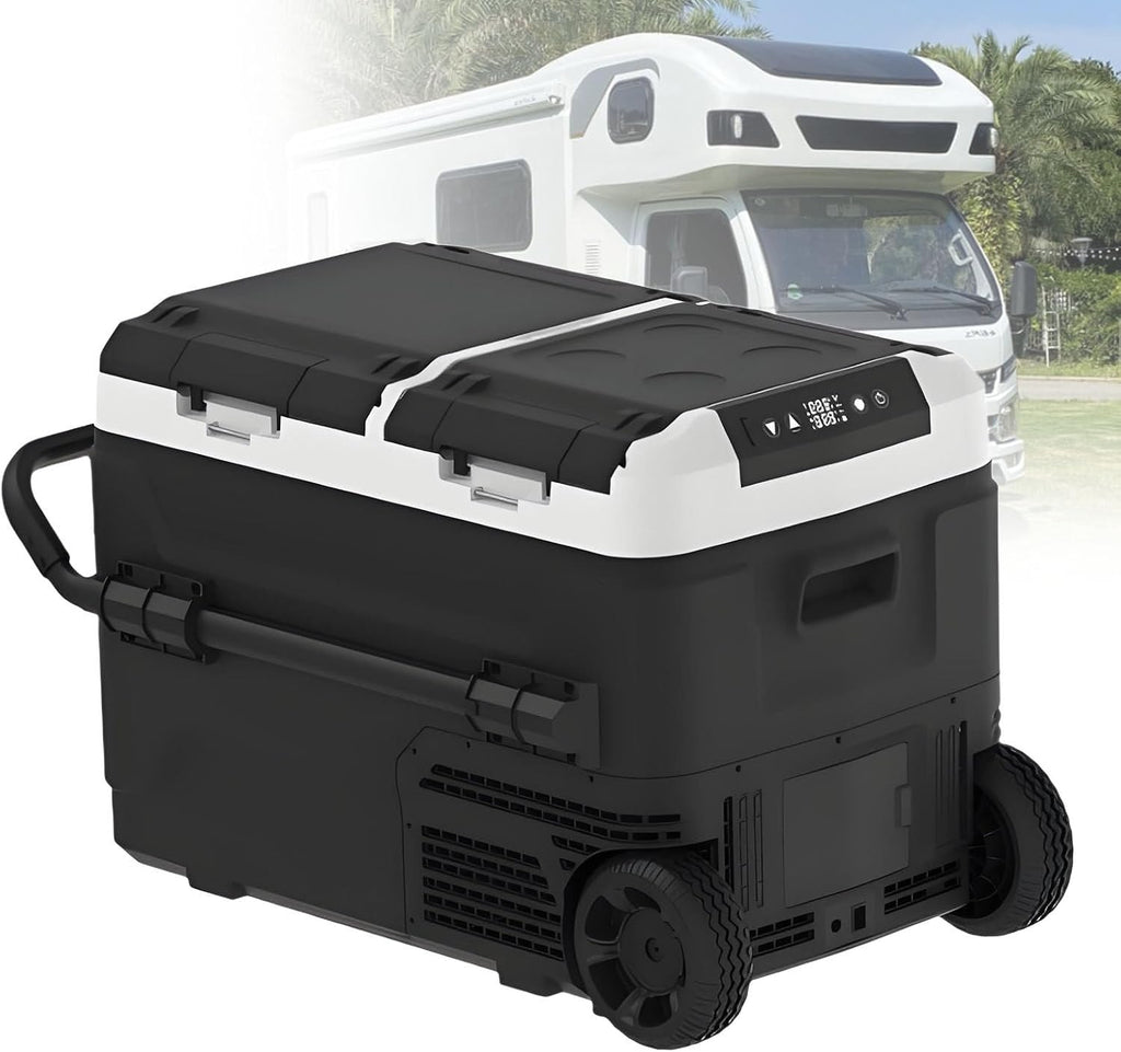 Dual Zone Car Fridge Freezer, -4℉-68℉ Electric Cooler with Dual Temp Control, 12/24V DC, Durable Wheels for Camping, Road Trips, RV & Home | Portable Refrigerator,Withbattery-40L