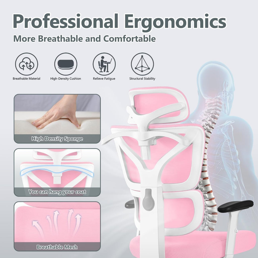 Winrise Office Chair Ergonomic Desk Chair, High Back Gaming Chair, Big and Tall Reclining Chair Comfy Home Office Desk Chair Lumbar Support Breathable Mesh Computer Chair Adjustable Armrests (Pink)