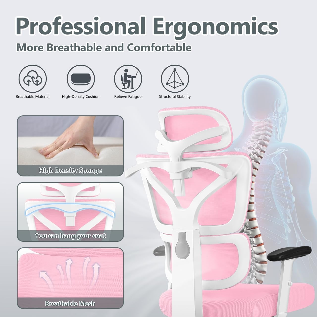 Winrise Office Chair Ergonomic Desk Chair, High Back Gaming Chair, Big and Tall Reclining Chair Comfy Home Office Desk Chair Lumbar Support Breathable Mesh Computer Chair Adjustable Armrests (Pink)