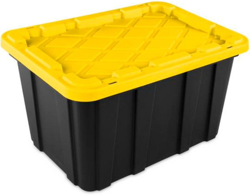 Sterilite 4 Tier Tote Rack, Vertical Plastic Organizer with 4 Pack 27 Gallon Industrial Storage Totes, Black - for Garages, Workshops, or Basements