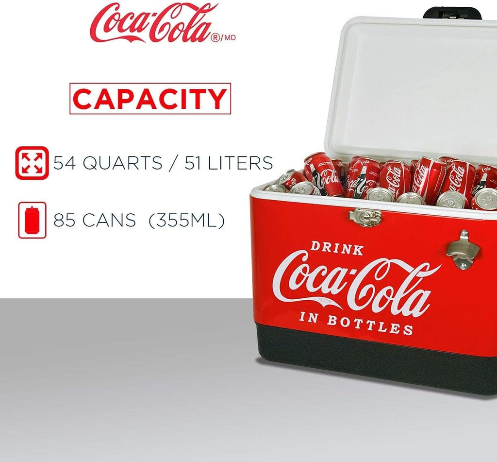 Coca-Cola Ice Chest Cooler - Portable Ice Bucket with Bottle Opener, Vintage Style, Insulated for Camping, Beach, Picnic, RV, BBQs, Tailgating, Fishing, Stainless Steel 85 Can Ice Box, 51L (54 qt)