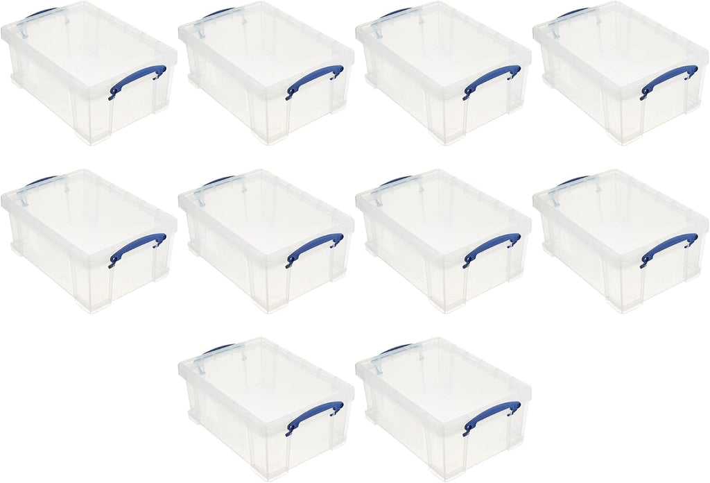 Really Useful Box Stackable 9 Liter Plastic Storage Container Bin with Snap Lid & Built-in Clip Lock Handles for Home & Office Organization (10 Pack)