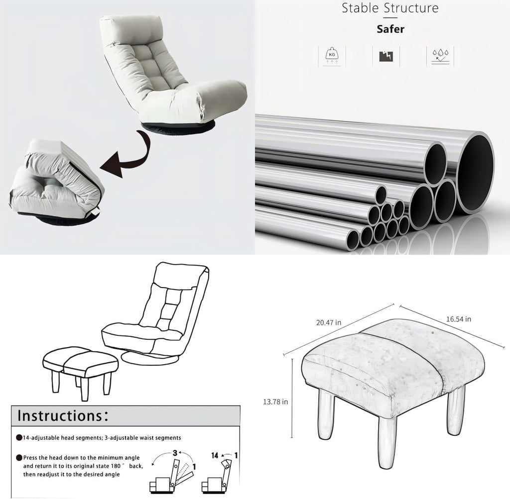 360° Swivel Floor Gaming Chair, Floor Chair, 14 Adjustable Head Segments 3 Waist Segments, Ergonomic Recliner for Gaming Reading Living Room, Includes Footrests (Gray)