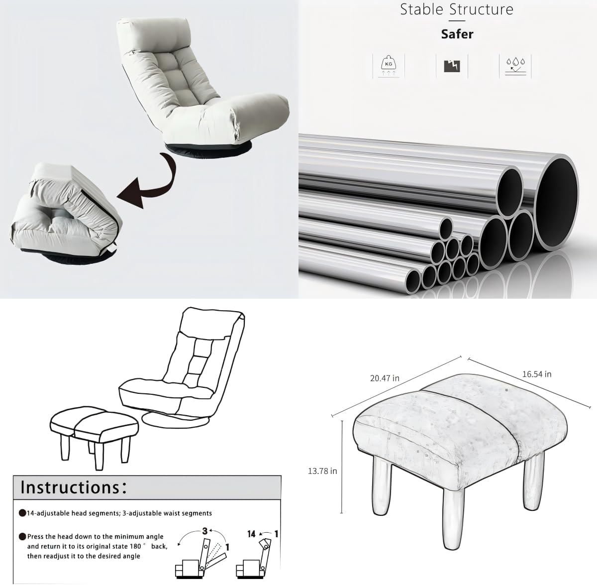 360° Swivel Floor Gaming Chair, Floor Chair, 14 Adjustable Head Segments 3 Waist Segments, Ergonomic Recliner for Gaming Reading Living Room, Includes Footrests (Gray)