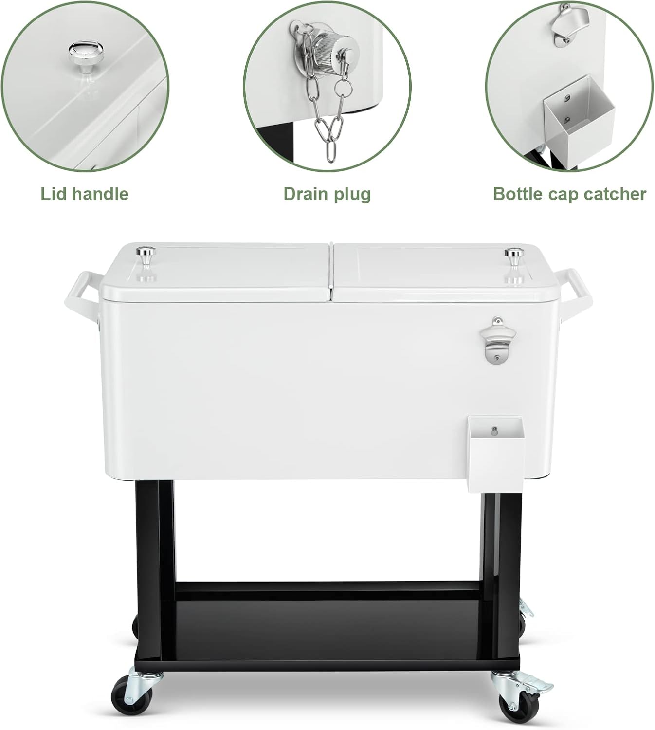 80 Quart Rolling Ice Chest Cooler Cart,Patio Backyard Party Drink Beverage Bar Stand Up Cooler Trolley with Ice Scoop