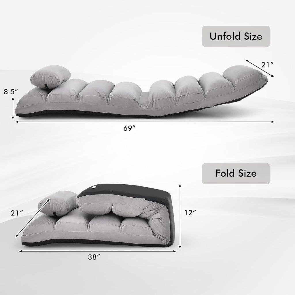 KOMFOTT Foldable Floor Lazy Sofa with Pillow, Indoor Chaise Lounger with 5 Adjustable Positions, Adjustable Back Support & Footrest, Video Gaming Chair for Home, Office, Reading, Watching (Grey)