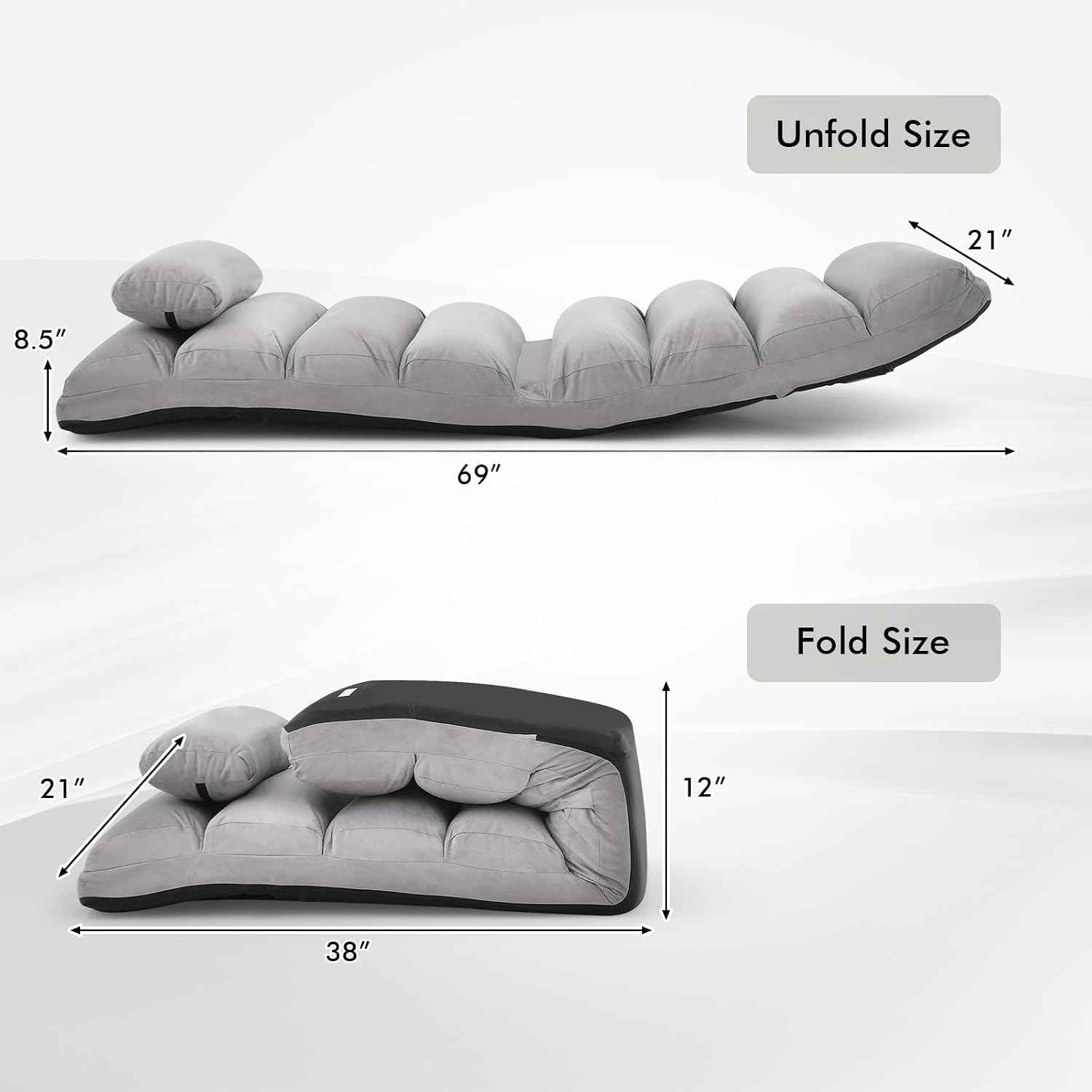 KOMFOTT Foldable Floor Lazy Sofa with Pillow, Indoor Chaise Lounger with 5 Adjustable Positions, Adjustable Back Support & Footrest, Video Gaming Chair for Home, Office, Reading, Watching (Grey)