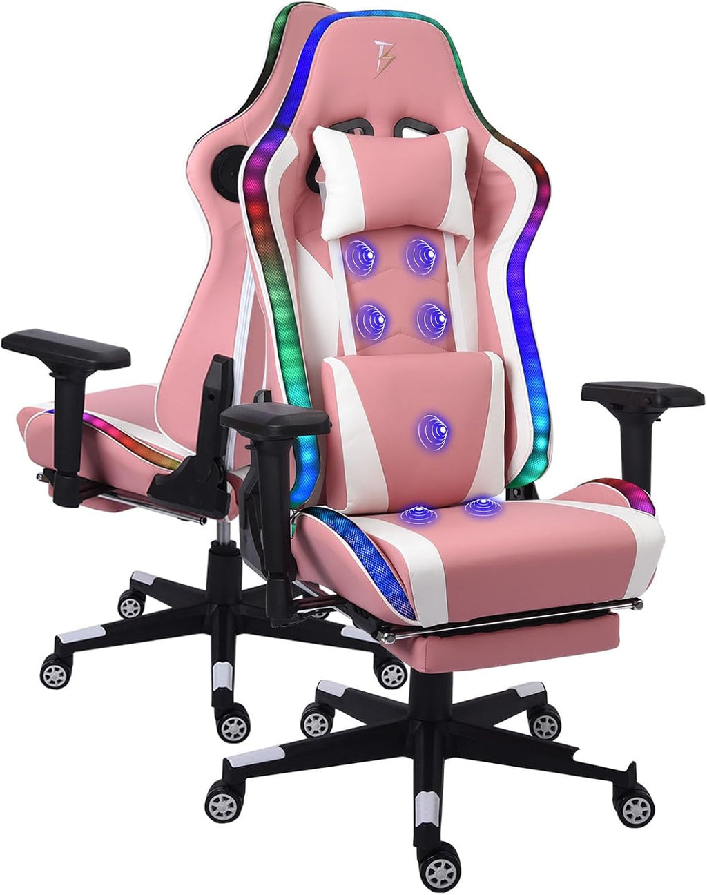 Gaming Chair with Footrest and Massage Lumbar Support,Adult Video Gaming Chair with Speakers and LED/RGB Lights, Ergonomic Computer Chair,180 Degree Tilt High Back Office Chair.,Pink