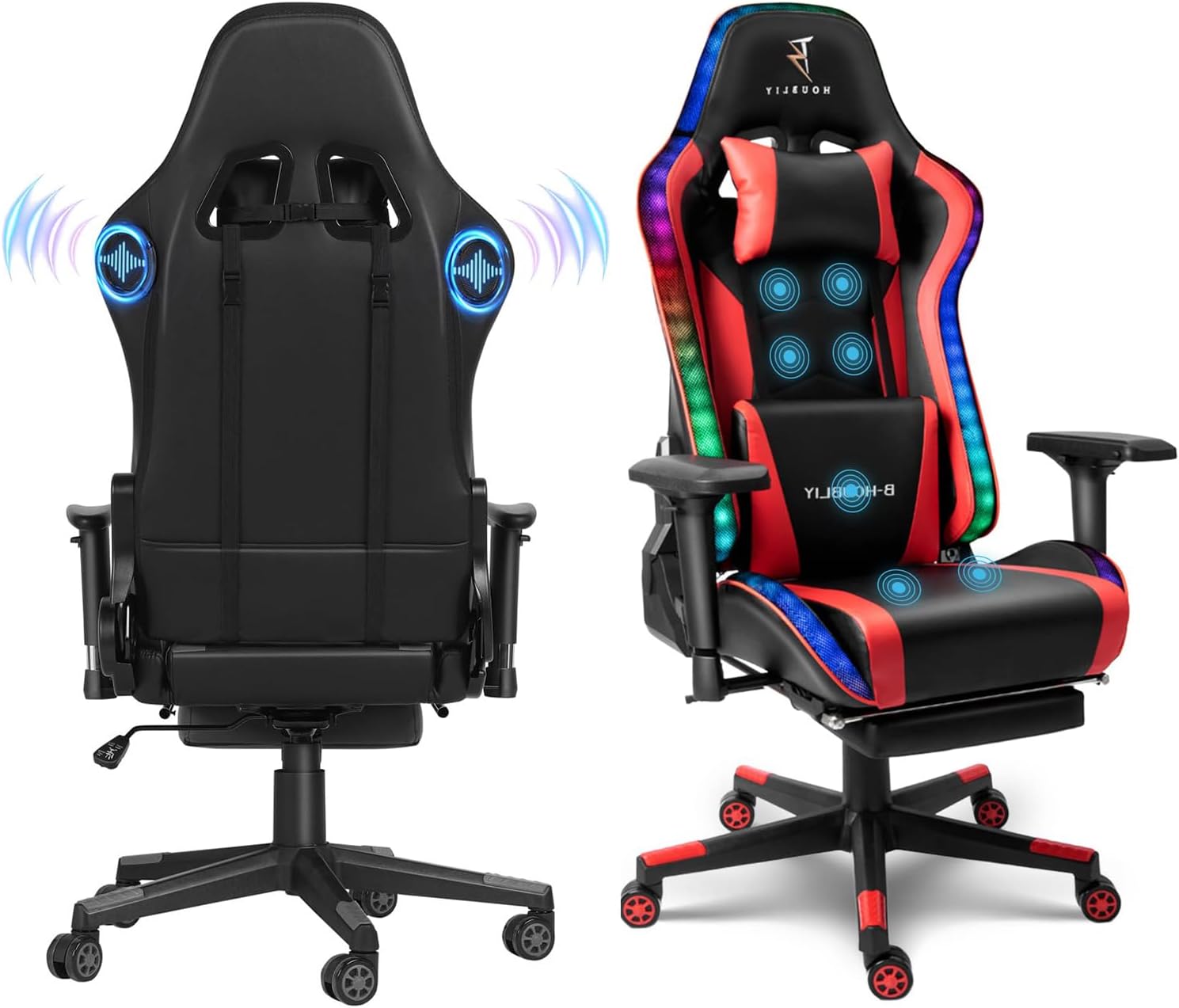 Gaming Chair with RGB LED Lights and Massage, Ergonomic Video Game Chair with Footrest, High Back Reclining Computer Chair with Headrest and Lumbar Support, 4D Handrail,Swivel Seat Gamer Ch
