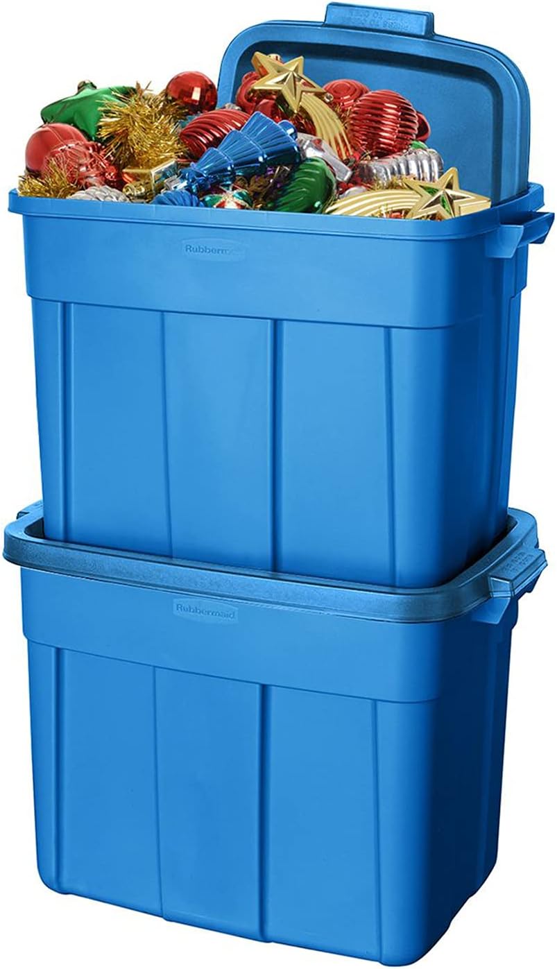 Rubbermaid Roughneck Tote 18 Gal, 6 Pack, Made in USA, Heritage Blue, Rugged Plastic Stackable Storage Bins with Lids and Handles