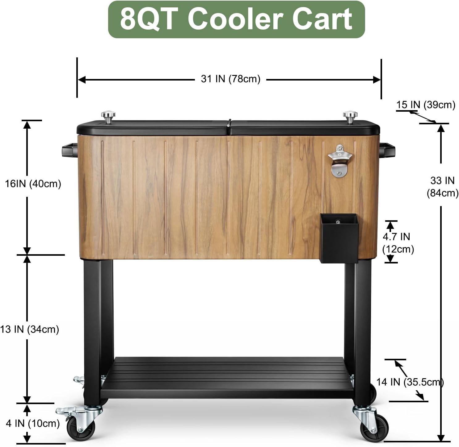 80 Quart Rolling Ice Chest Cooler Cart,Patio Backyard Party Drink Beverage Bar Stand Up Cooler Trolley with Ice Scoop