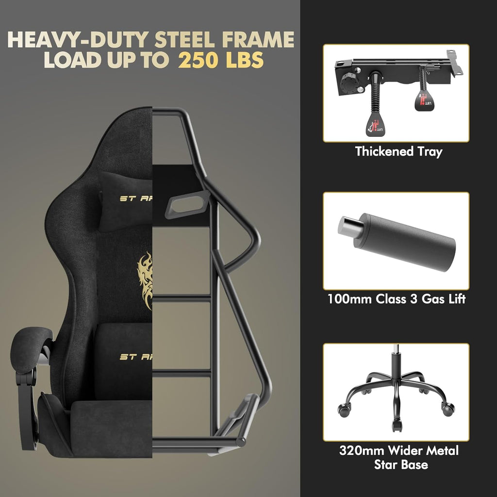 Huracan Velvet Racing Gaming Chair for Adults - Ergonomic Game Chair with Massage Lumbar Pad, Retractable Footrest & Spring Seat Cushion Home Office Video Game Chair, Black