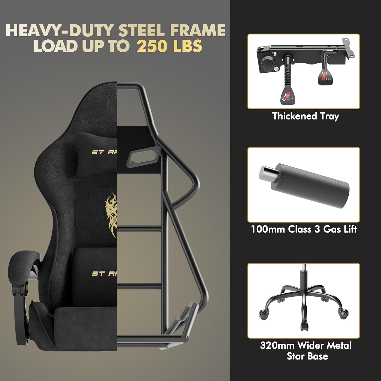 Huracan Velvet Racing Gaming Chair for Adults - Ergonomic Game Chair with Massage Lumbar Pad, Retractable Footrest & Spring Seat Cushion Home Office Video Game Chair, Black
