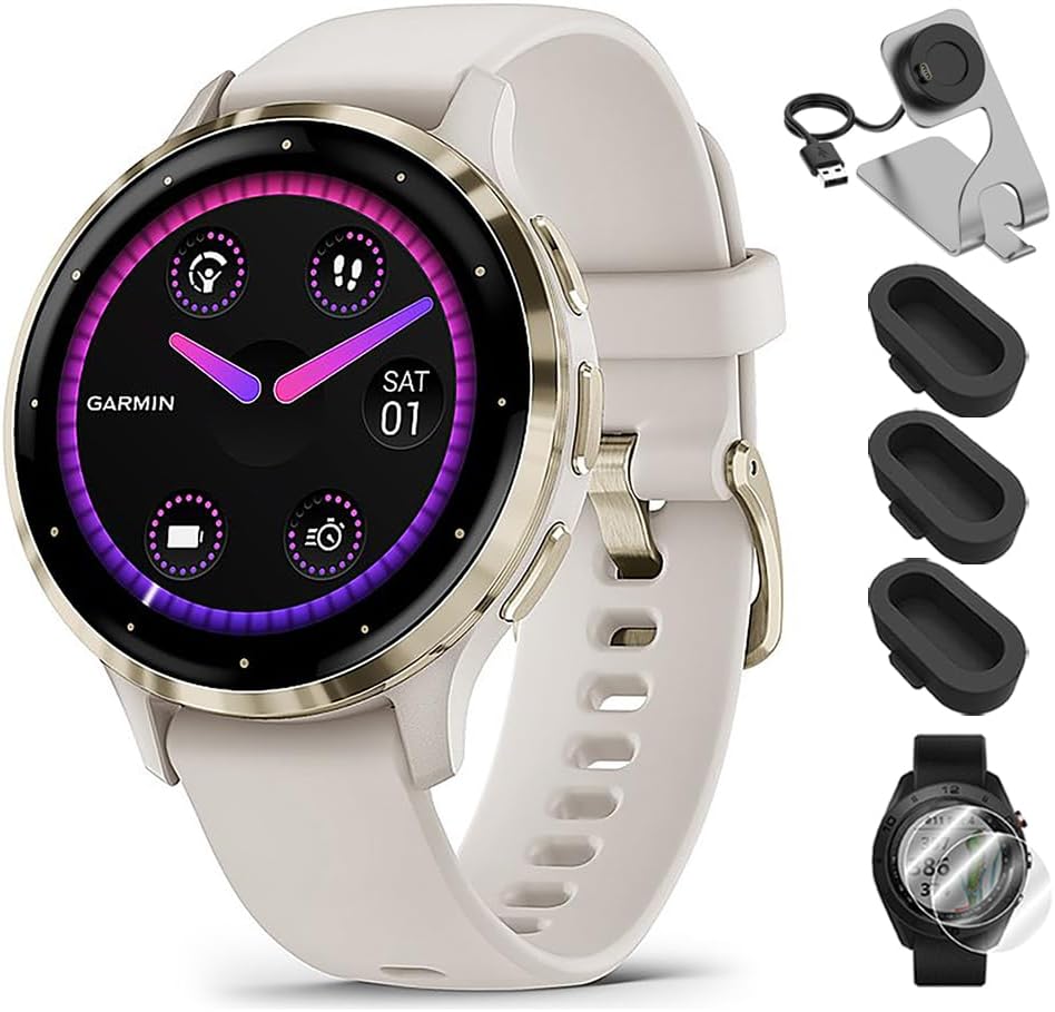 Garmin 010-02785-04 Venu 3S Health Fitness GPS Smartwatch Gold Steel Bezel with Ivory Case 41mm Bundle with Deco Essentials Charging Dock, Dust Cover 3 Pack and 2-Pack Screen Protector