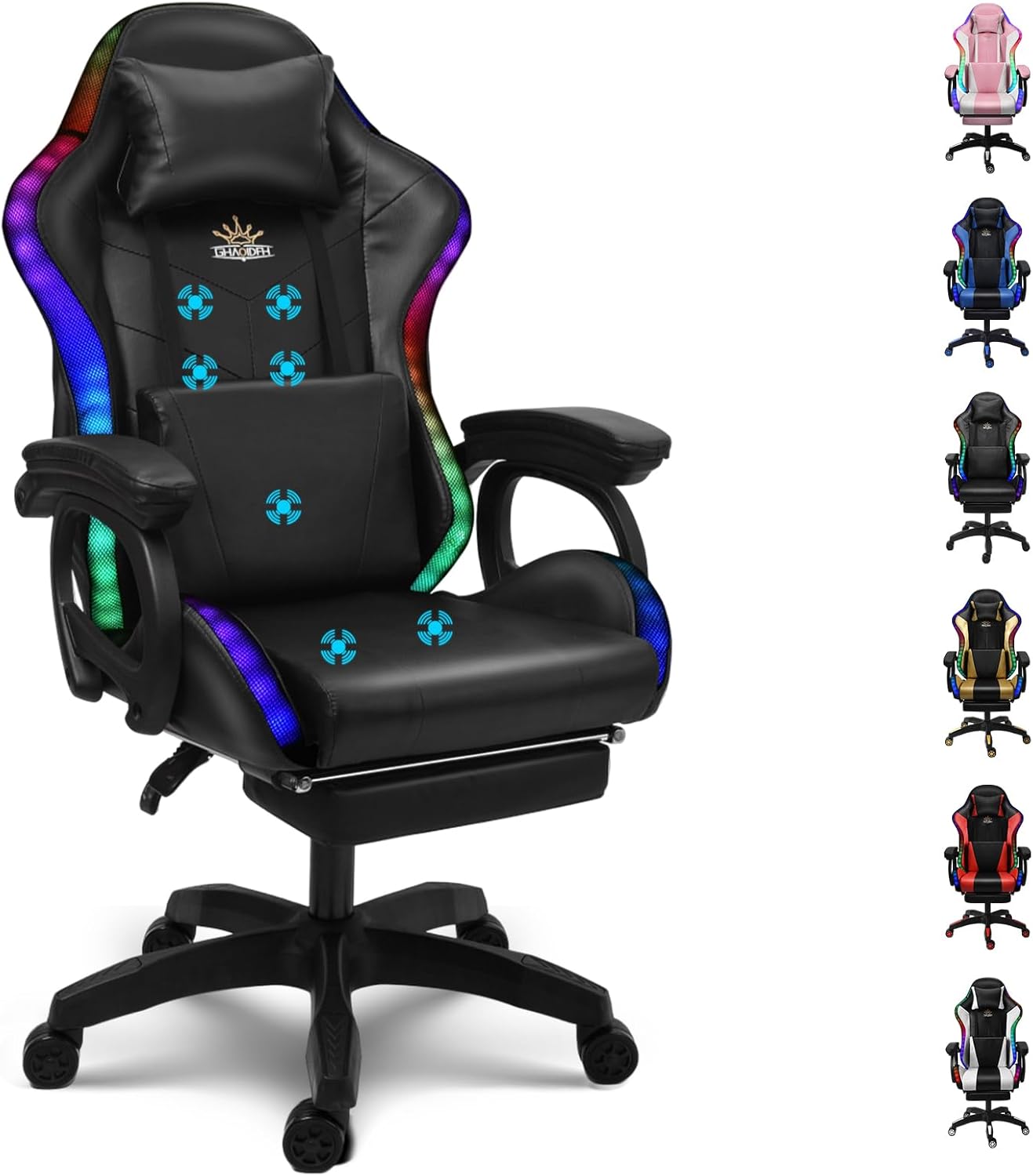 RGB Gaming Chairs with Speakers Ergonomic Massage Computer Chair, PU Leather Office Chair Adjustable Desk Chairs with Footrest, 360°Swivel Big and Tall Gamer Chair for Adults,Black