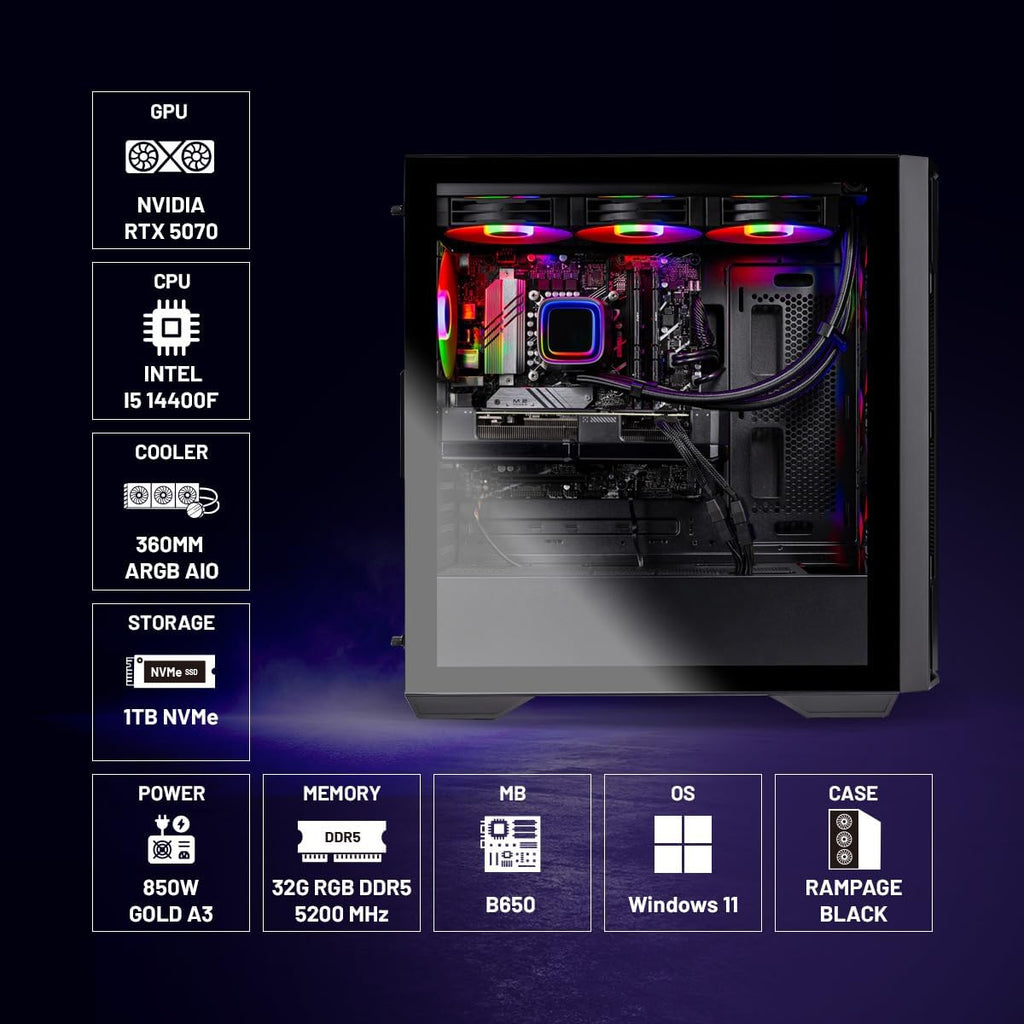 Skytech Gaming Rampage Desktop PC, Intel i5 14400F 2.5 GHz (4.7GHz), NVIDIA RTX 5070 12GB, 1TB Gen4 NVMe SSD, 32GB DDR5 RAM 5200 RGB, 850W Gold ATX 3 PSU, 360mm ARGB AIO, Wi-Fi, Win 11