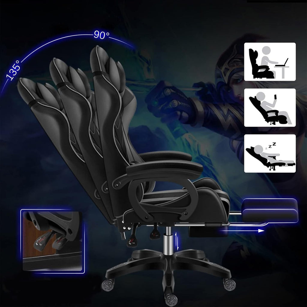 Gaming Chairs for Adults with Speakers, Gaming Chair with LED Light/Pro Gaming Chair - High Back Music Video Game Chair with Footrest and Lumbar Support, PU Leather Video Gaming Chairs,3
