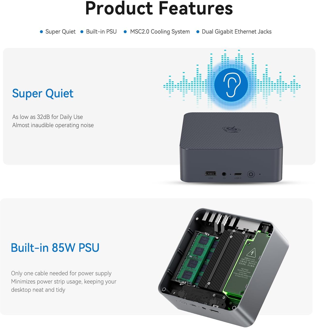 Beelink EQI Mini PC W-11 Pro i3-1220P 16GB DDR4 500GB NVMe M.2 SSD Dual Display 4K@60Hz Output, Wi-Fi 6, RJ45, Built in PSU Office Mini Computer