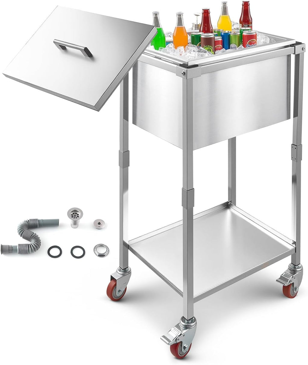 VEVOR Commercial Ice Bin, Underbar Ice Bin, Stainless Steel Ice Chest with Sliding Lid, Bottle Holders, Adjustable Bullet Feet, Cooler Cart Cocktail Unit for Bar Restaurant Pub