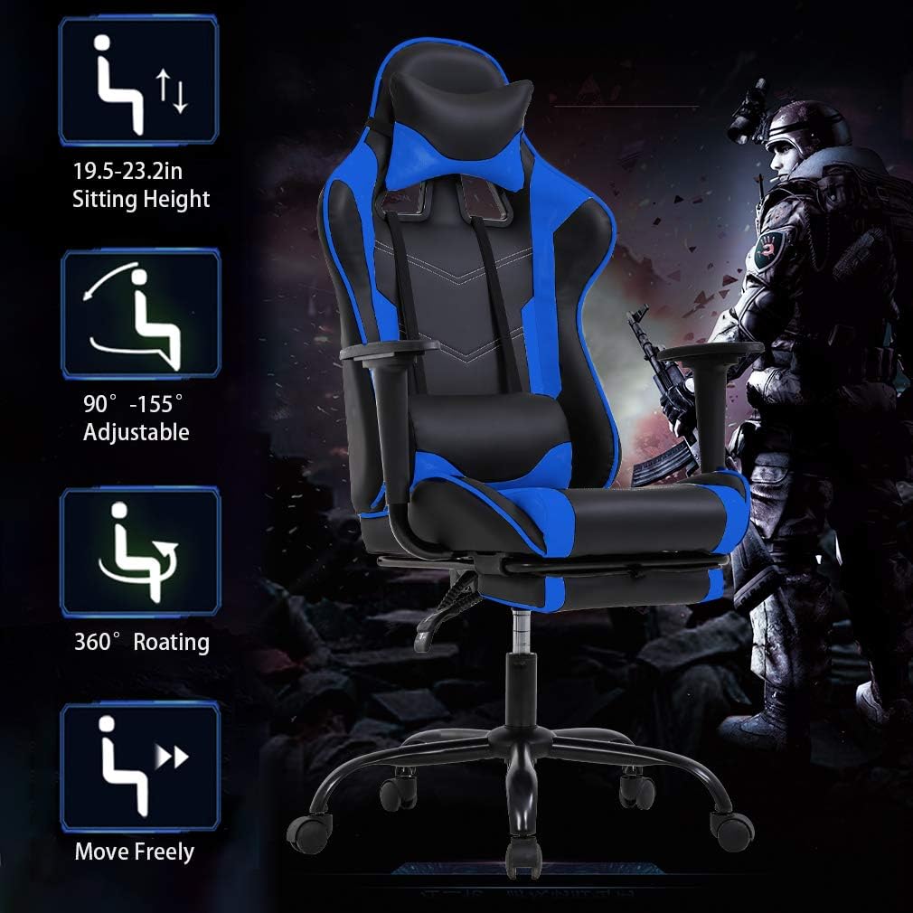BestOffice | Ergonomic Gaming Chair | Blue | Reclining Computer Chair with Lumbar Support, Headrest Pillow, Adjustable Footrests | 360 Swivel with Heavy Duty Wheels | for Home & Office