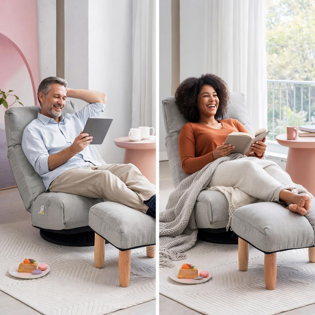 360° Swivel Floor Gaming Chair, Floor Chair, 14 Adjustable Head Segments 3 Waist Segments, Ergonomic Recliner for Gaming Reading Living Room, Includes Footrests (Gray)