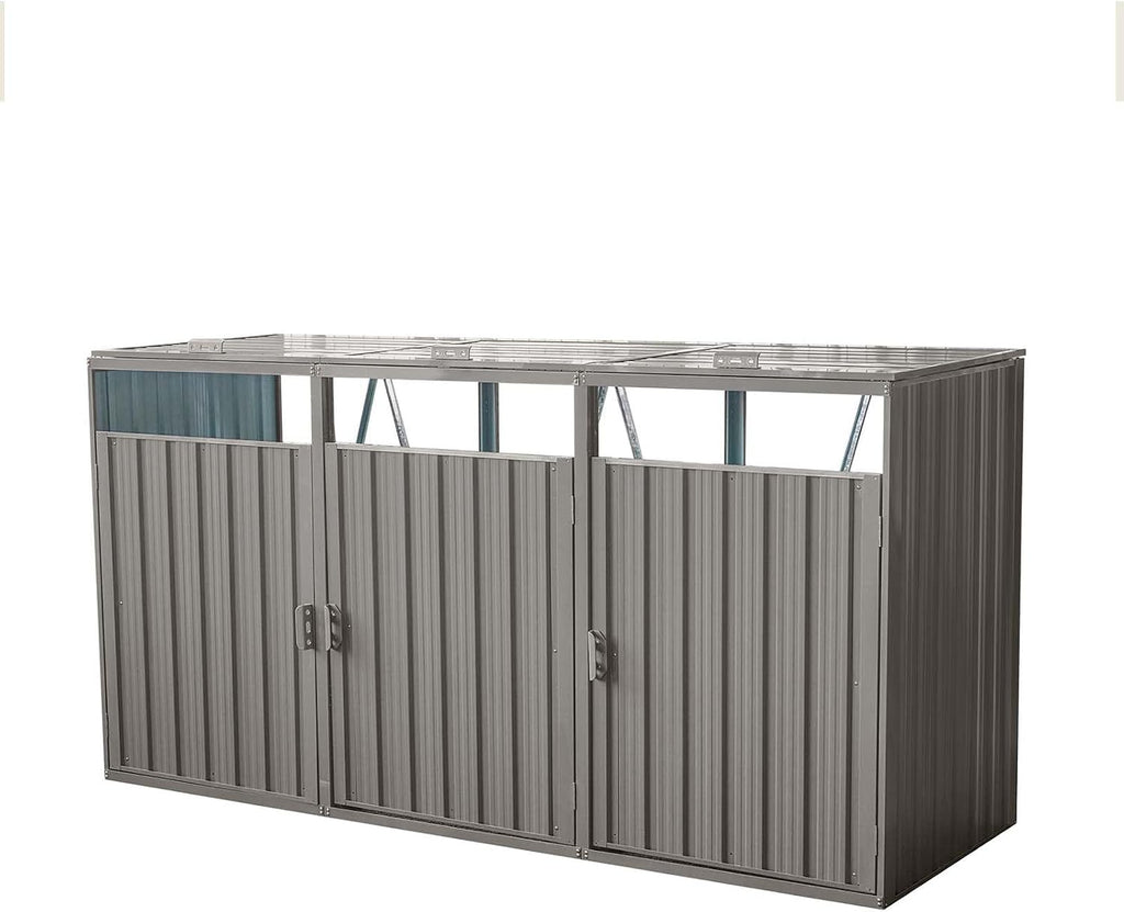 Outdoor Garbage Bin Storage Shed for 3 Trash Cans, Stainless Galvanized Steel Bin Shed with Lockable Doors, Metal Trash Can Hider for Garden Yard Lawn (Grey)