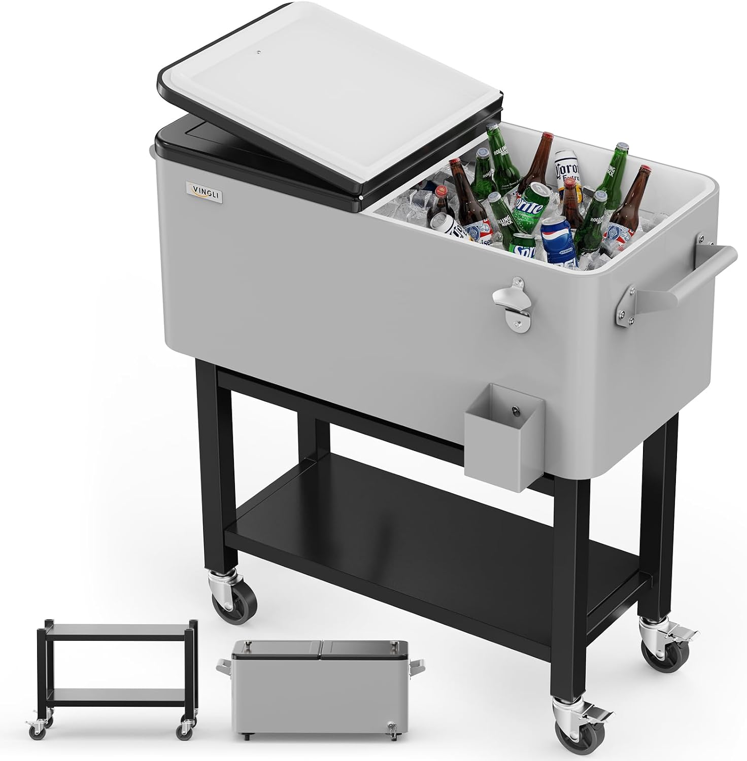 VINGLI Patio Cooler, Rolling Ice Chest on Wheels, Portable Patio Party Bar Drink Cooler Cart, with Shelf, Beverage Pool with Bottle Opener,Water Pipe