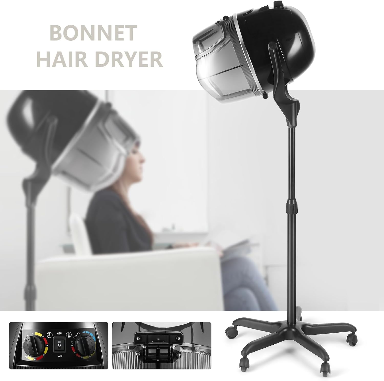 Artist hand Professional Hooded Hair Dryer for Women, Height Adjustable Floor Stand Up Hair Dryer with Wheels and Timer, Sit Under Hooded Dryer for Home Beauty Spa Salon Equipment