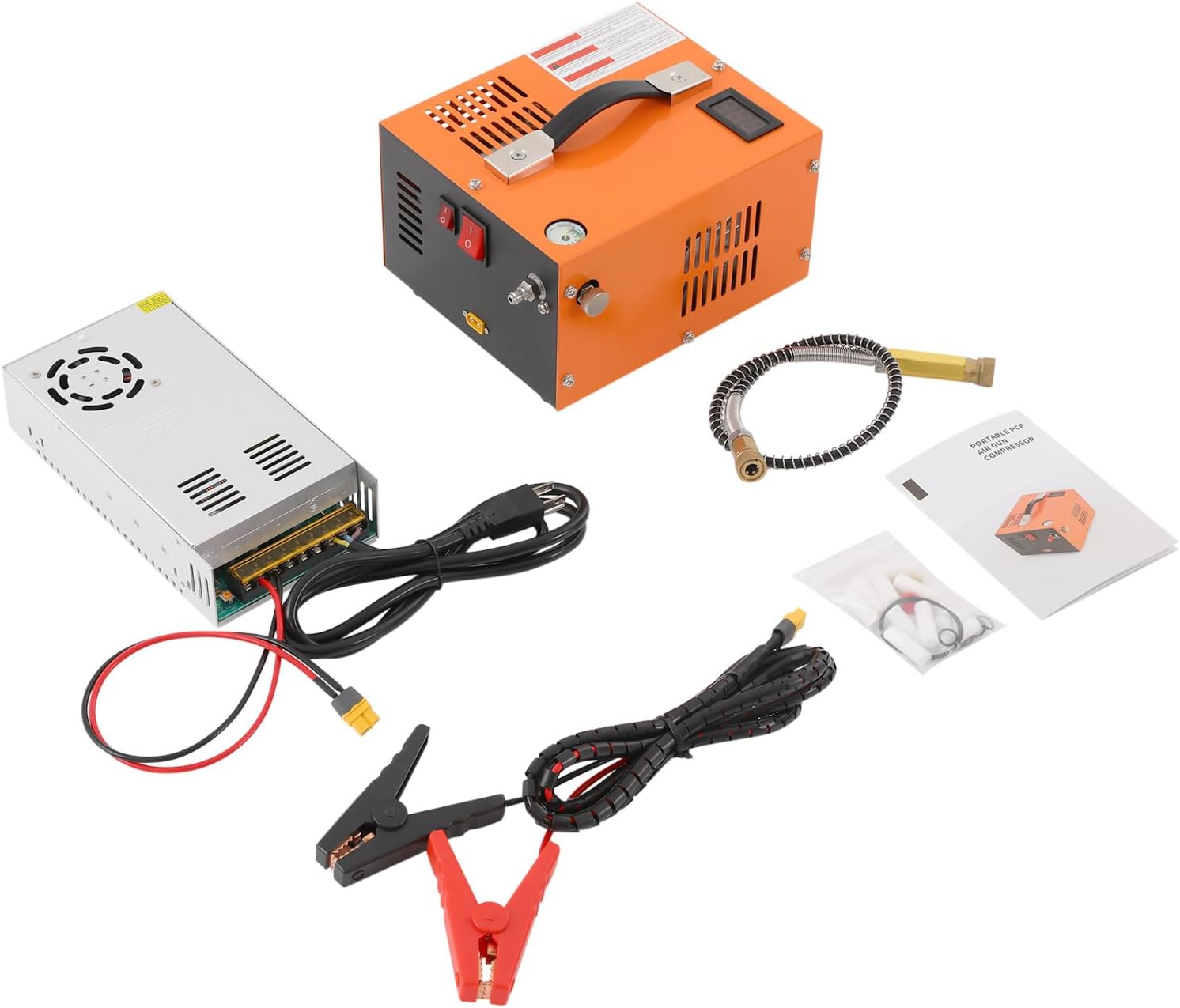 PCP Compressor,Air Gun High Pressure Pump Transformer 4500psi 12V High Pressure Air Compressor Built-in Transformer Portable High Pressure Pump Fan Cooling (Orange)