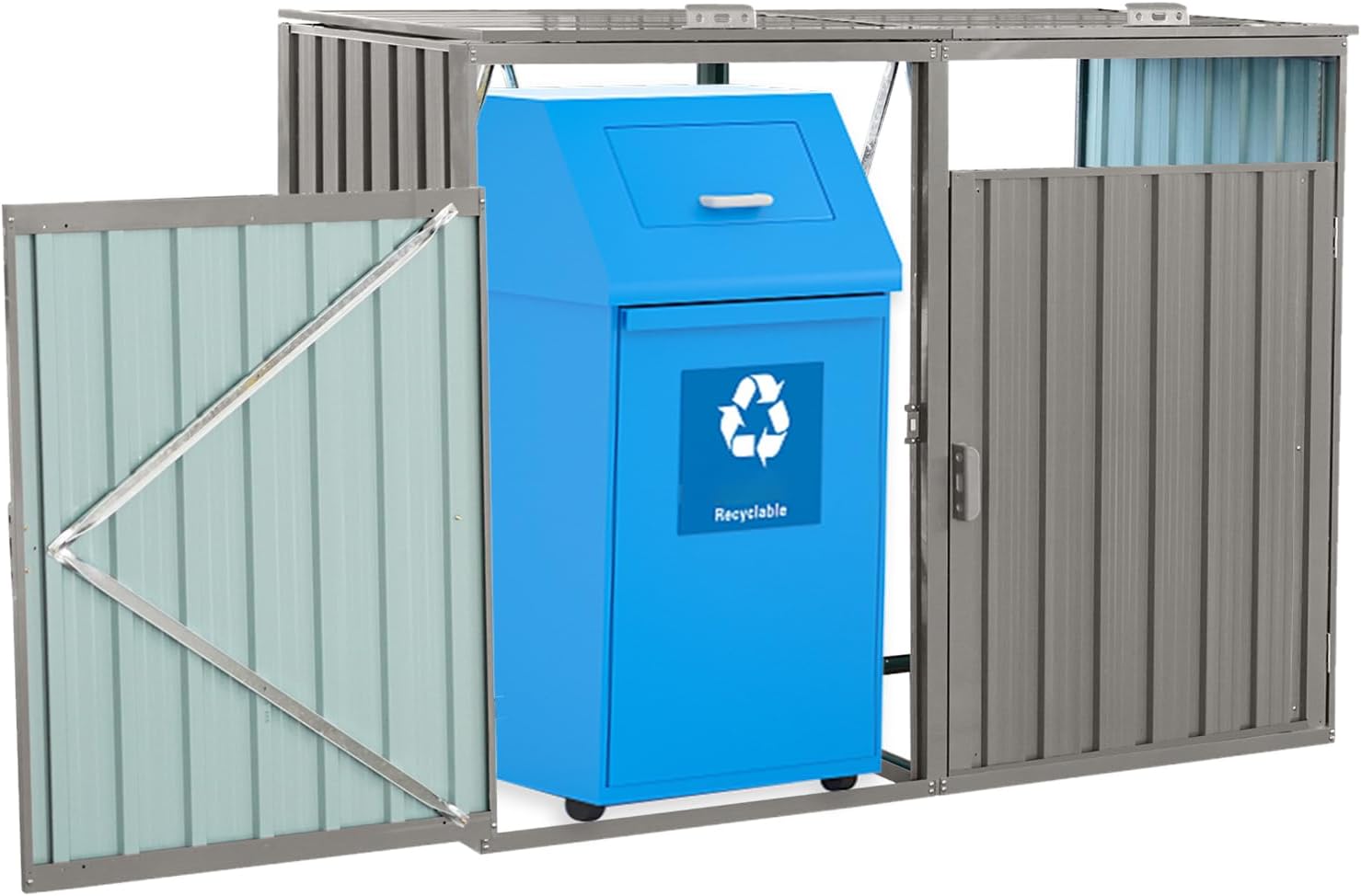 Outdoor Metal Garbage Bin Shed for 2 Trash Cans, Lockable Galvanized Steel Storage Enclosure, Weatherproof and Rust-Resistant Trash Can Cover for Garden, Yard, or Driveway, Grey