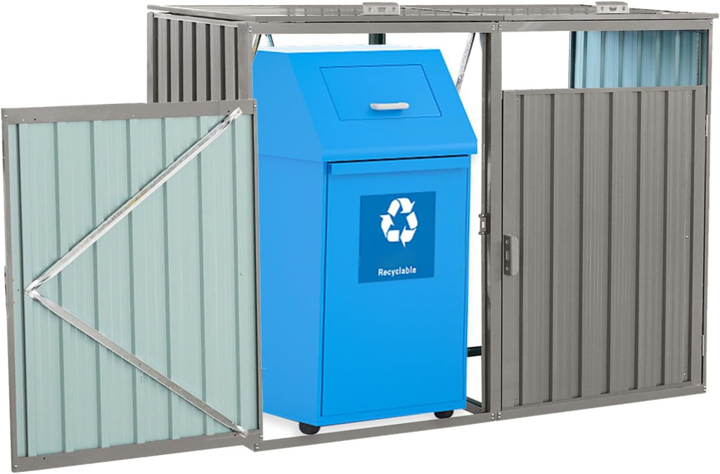 【LuckyNote】 Garbage Bin Shed Stores 2 Trash Cans Metal Outdoor Bin Shed for Garbage Storage,Stainless Galvanized Steel, Bin for Garden Yard Lawn,Grey