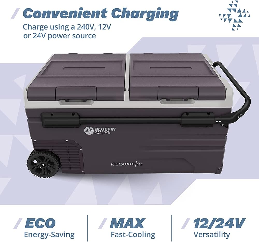 Bluefin Active Ice Cache 95L | Portable Travel Fridge | Advanced Cooling & Freezing Technology | Energy Efficient Charging | Dual Storage Compartments | Smartphone App Control | LCD | AC & DC