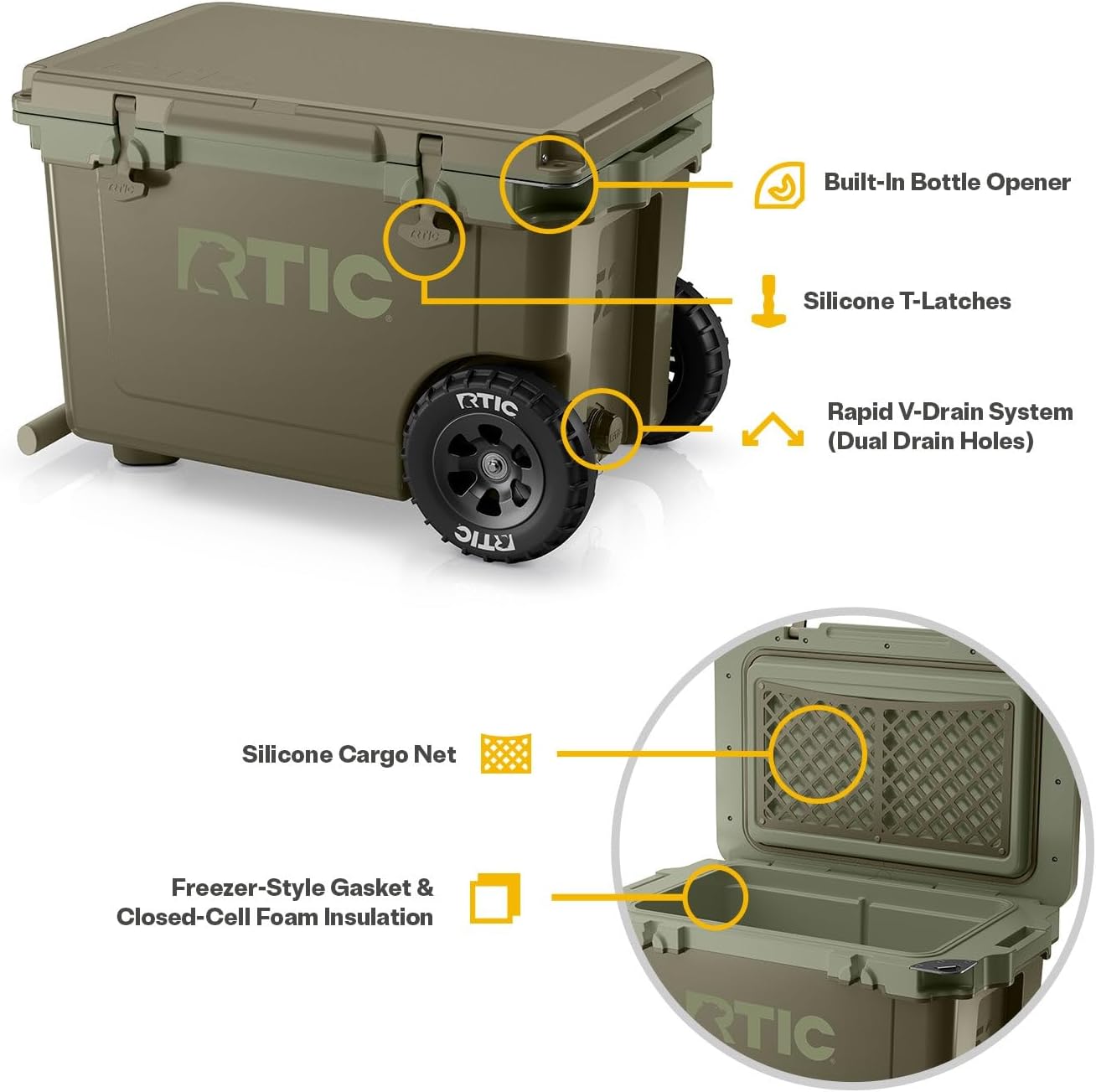 RTIC 52 Quart Ultra-Light Wheeled Hard Cooler Insulated Portable Ice Chest Box for Beach, Drink, Beverage, Camping, Picnic, Fishing, Boat, Barbecue, 30% Lighter Than Rotomolded Coolers