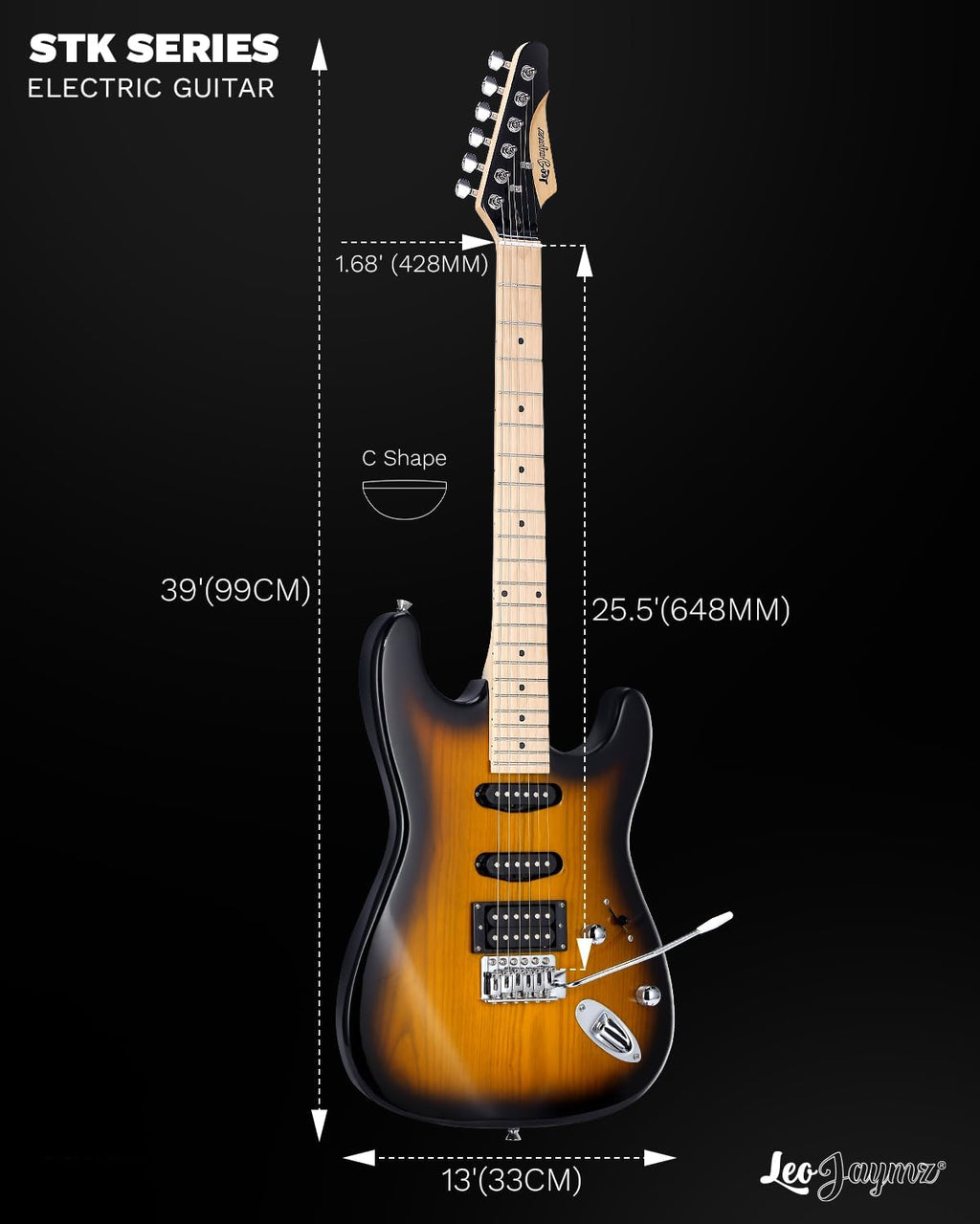 Leo Jaymz 39 Inch Full Size Electric Guitar Kit Electric Guitar Beginner Kits - Portable Amp, Digital Tuner, Gig Bag, Strap, Cable (Sunburst)