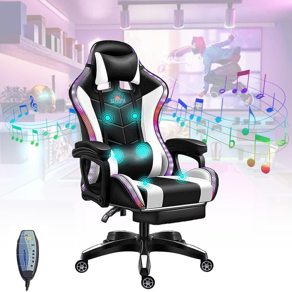 LED Gaming Chairs with Speakers, Full Massage Gamer Chair with Footrest and Lumbar Support, PU Leather Swivel Computer Chair Recliner Chair Office Chairs for Adults and Teens,White