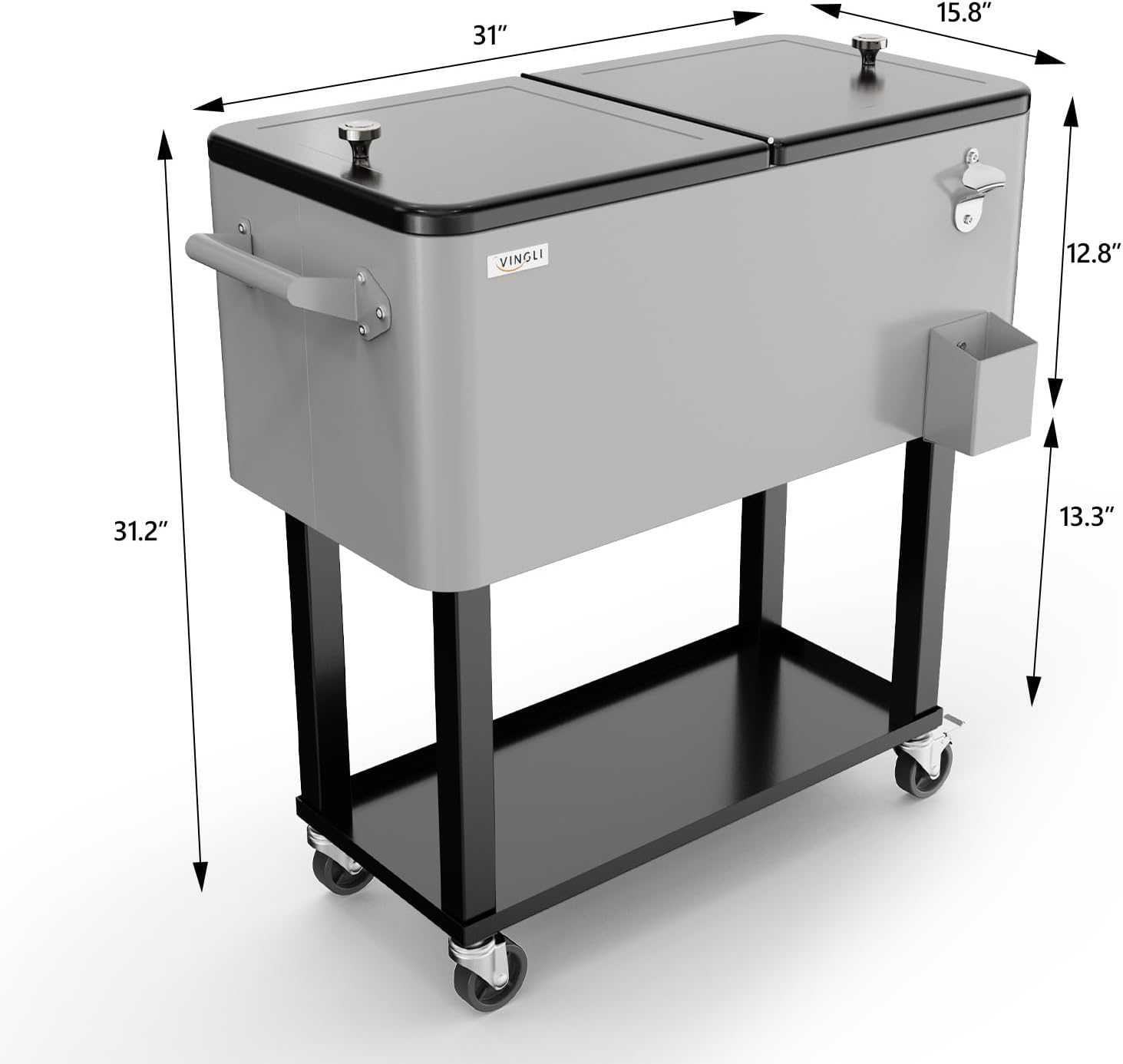 VINGLI 80 Quart Rolling Ice Chest on Wheels, Portable Patio Party Bar Drink Cooler Cart, with Shelf, Beverage Pool with Bottle Opener,Water Pipe