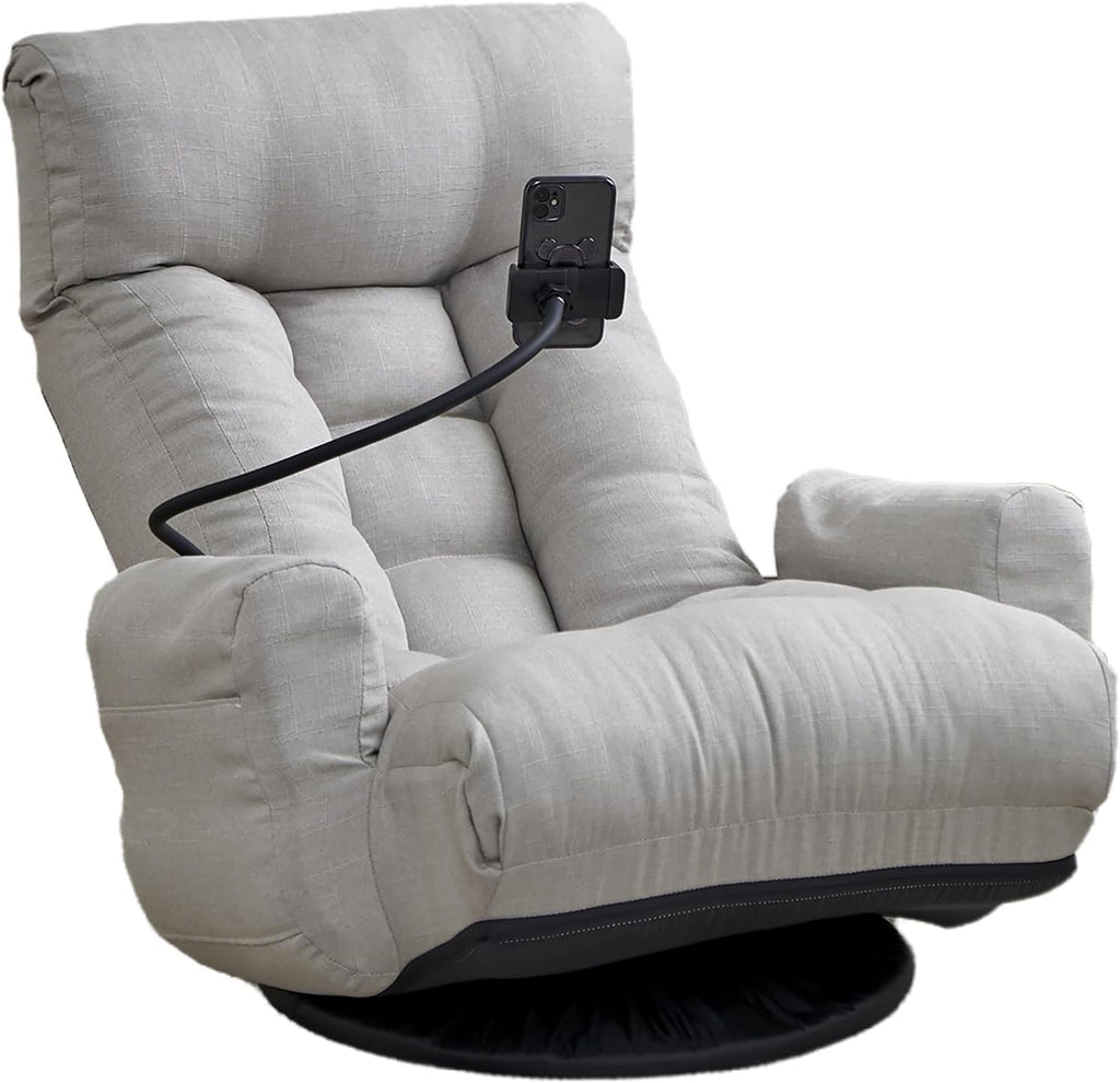 360° Swivel Floor Gaming Chair Linen Folding Lounge Sofa Chair with Adjustable Head and Waist, Armrests & Phone Holder, Padded Cushion Leisure Chairs for Living Room Bedroom (Grey)