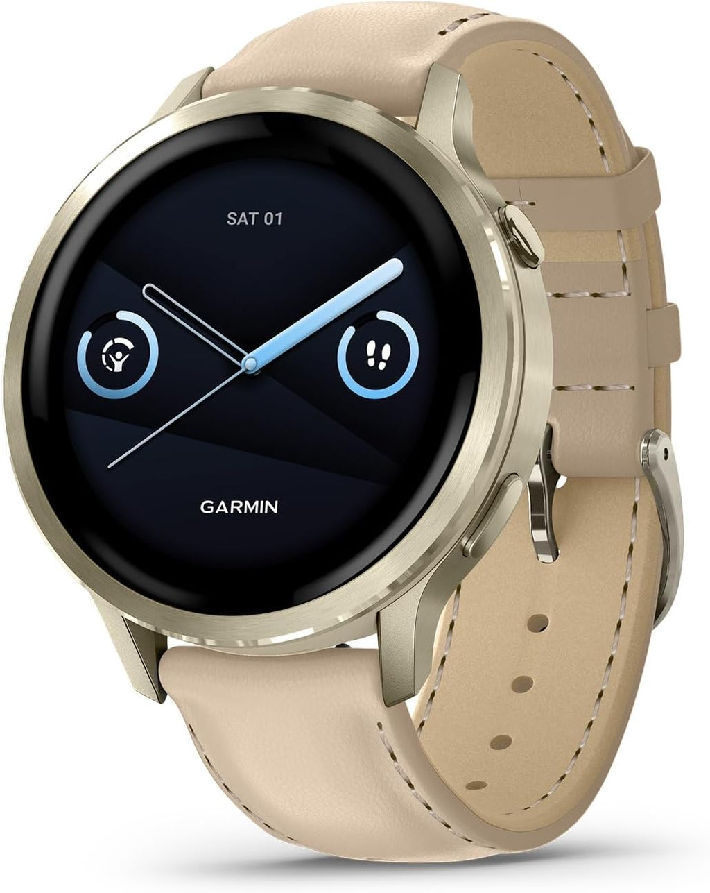 Garmin Venu® 4, 41mm, Advanced Health and Fitness GPS Smartwatch, Bright Colorful Display,Built-In Flashlight,10 Days of Battery Life,Lunar Gold/Bone Silicone Band and Light Sand Leather Band -2 bands