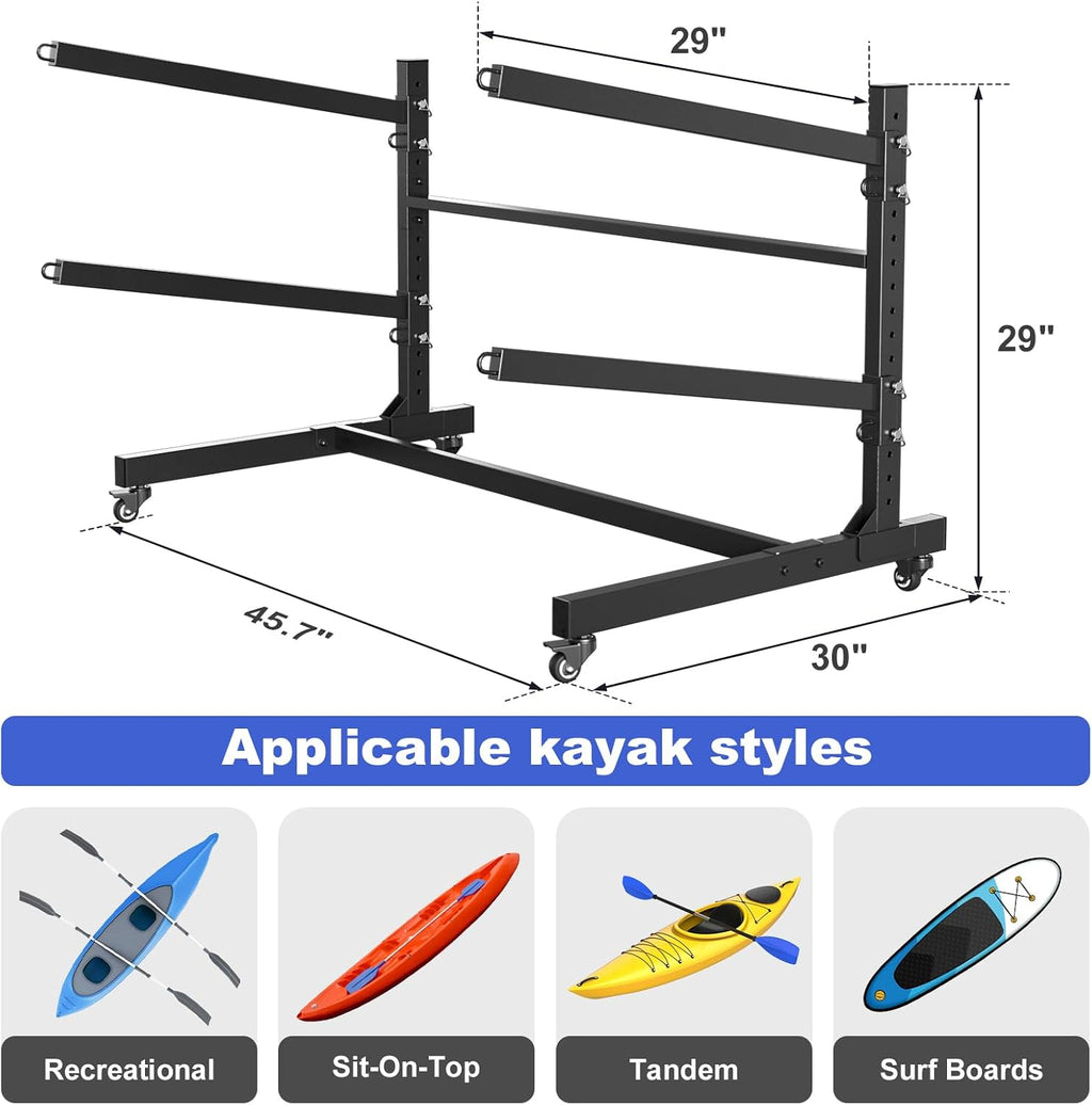 Baotree Heavy Duty Freestanding Kayak Storage Rack, Adjustable Metal Stand for 2 Kayaks, Canoes, SUPs, Paddleboards & Surfboards with Lockable Wheels, Indoor & Outdoor Use