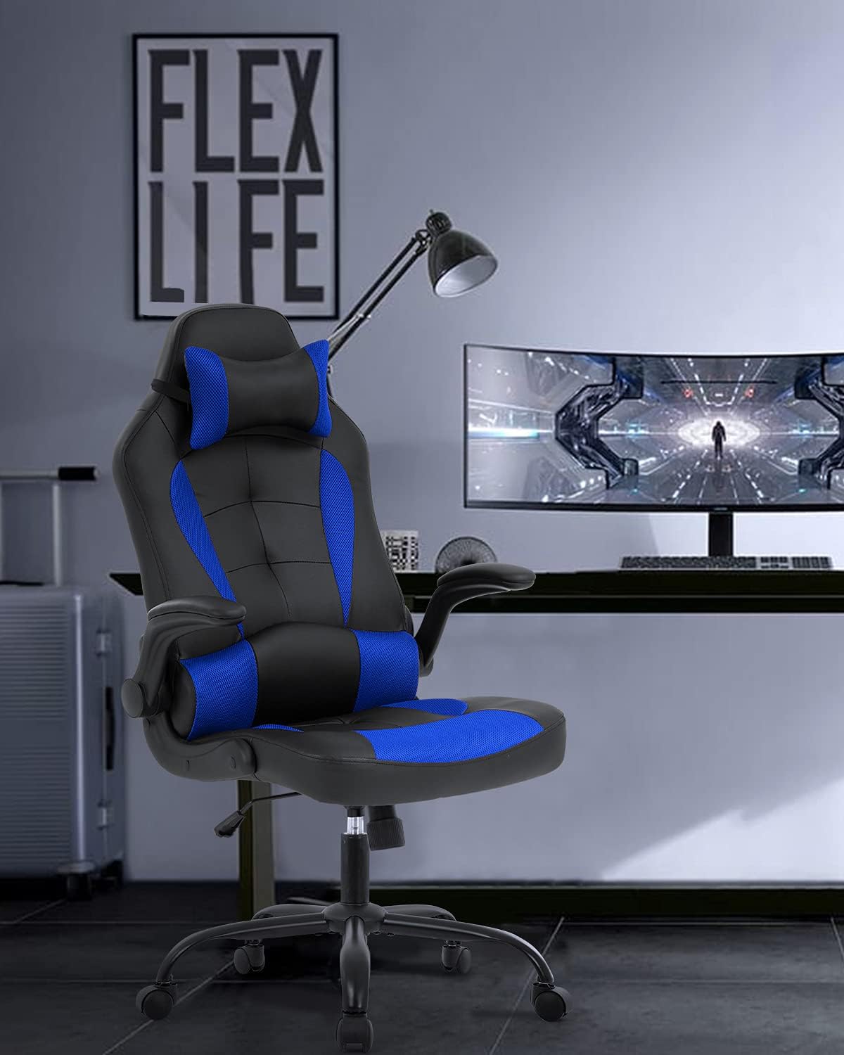 PC Gaming Chair Ergonomic Office Chair Computer Desk Chair with Armrests Headrest and Lumbar Support High Back PU Leather Executive Racing Chair for Home (Blue)