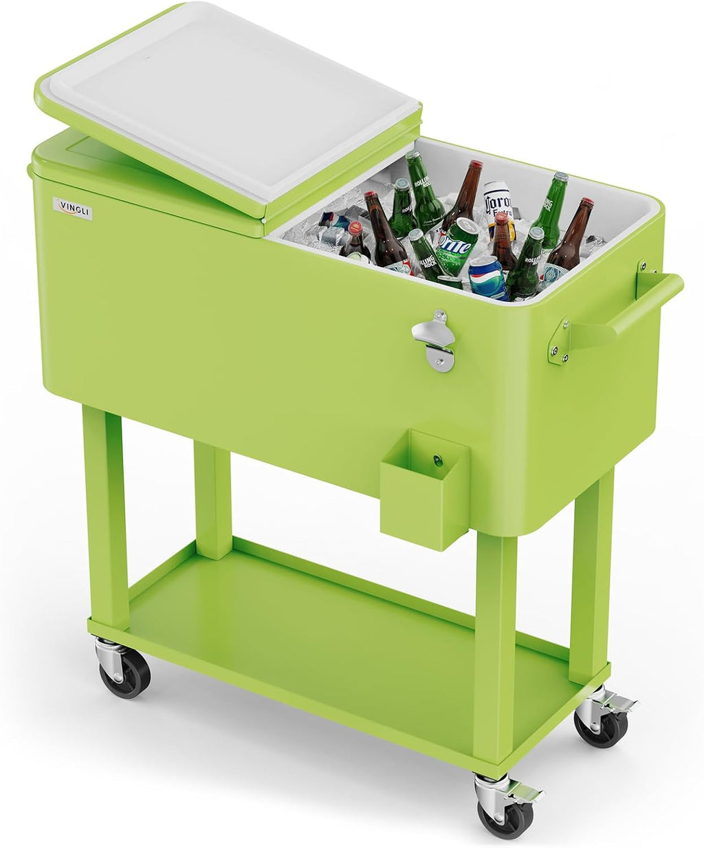 VINGLI 80 Quart Rolling Ice Chest, Portable Patio Party Bar Drink Cooler Cart, with Shelf, Beverage Pool with Bottle Opener Light Green