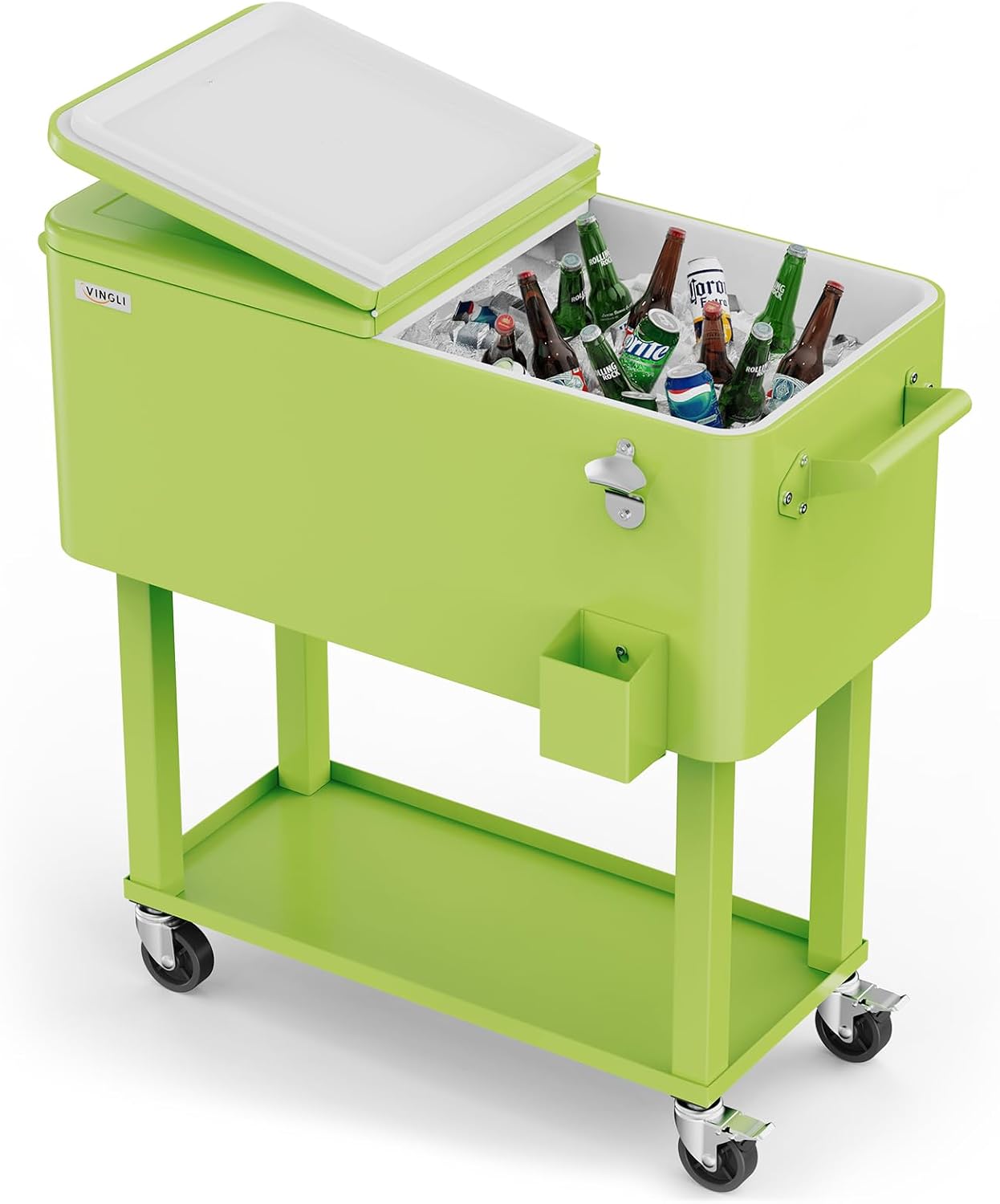 VINGLI 80 Quart Rolling Ice Chest, Portable Patio Party Bar Drink Cooler Cart, with Shelf, Beverage Pool with Bottle Opener Light Green