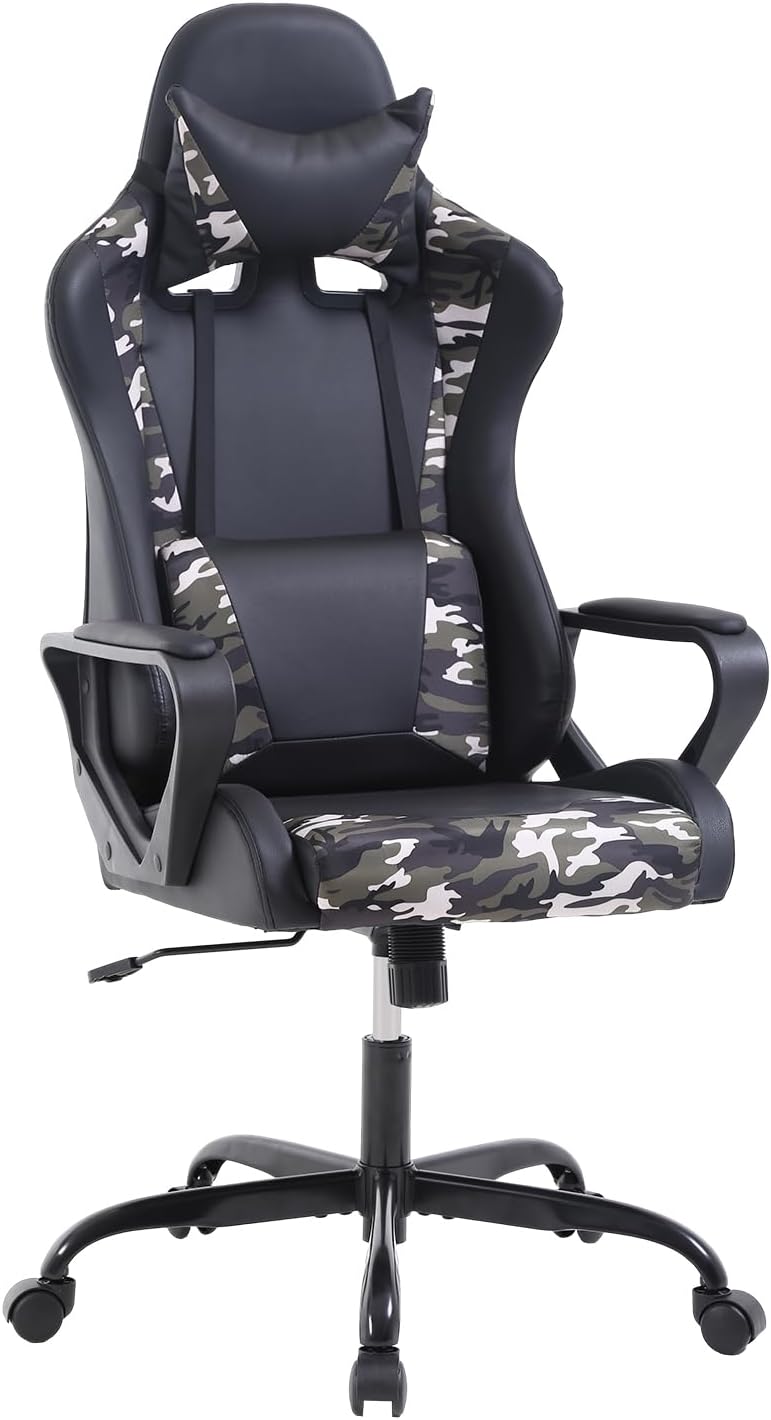Dopinmin PU Leather Ergonomic Gaming Chair Esports Computer Chair Boss Chair with Lumbar Cushion and Retractable Footrest Video Game Chair for Streaming,CAMO