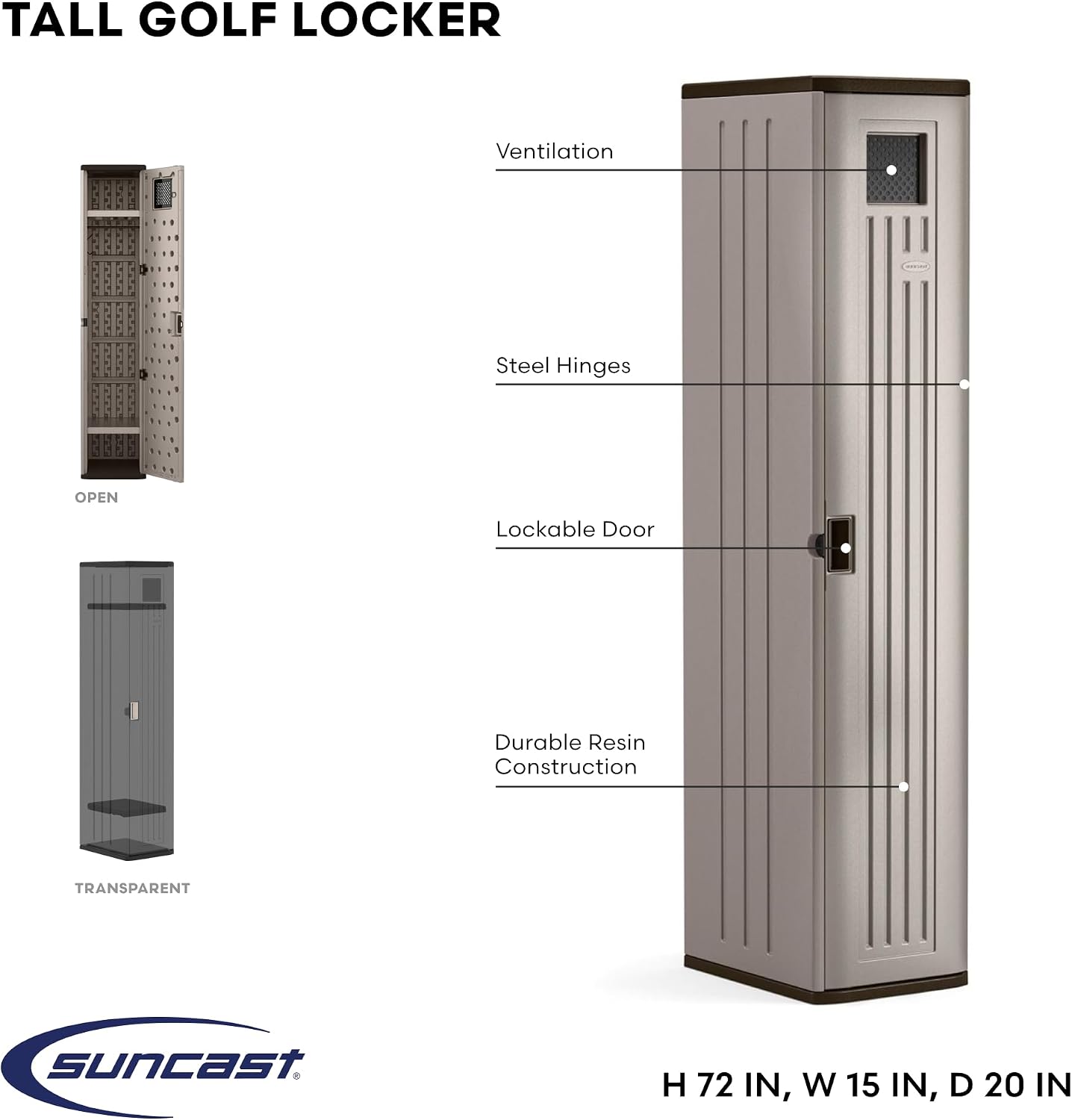 Suncast Garage and Golf Storage Organizer – Golf Rack and Bag Storage, Hall Tree with Shoe Cubby, Heavy-Duty Resin Locker Cabinet with Adjustable Shelves, Lockable, for Golf Equipment, Made in the USA