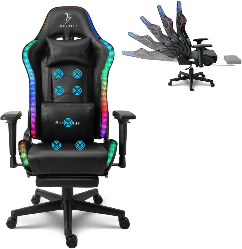 Gaming Chair with Speakers, Ergonomic Gaming Chair with Footrest and LED Lights,Comfortable Computer Reclining,Gaming Chair with Massage Function,Teen/Adult Computer Chair,Black