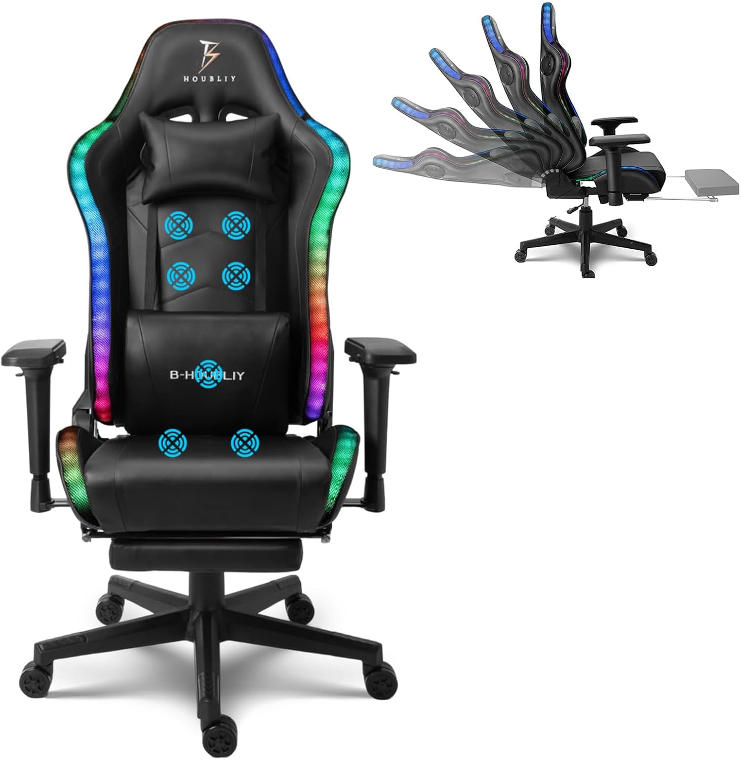 Gaming Chair with Speakers, Ergonomic Gaming Chair with Footrest and LED Lights,Comfortable Computer Reclining,Gaming Chair with Massage Function,Teen/Adult Computer Chair,Black
