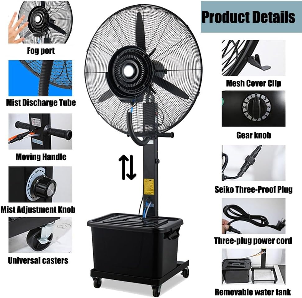 Misting Fan Portable 26' 30' Adjustable Oscillating Cooler with Wheels Industrial Mister Fans for Outside Patio, Standing Fan for with 11 Gallon/42L Water Tank, 3 Cooling Speeds(30in(750mm))