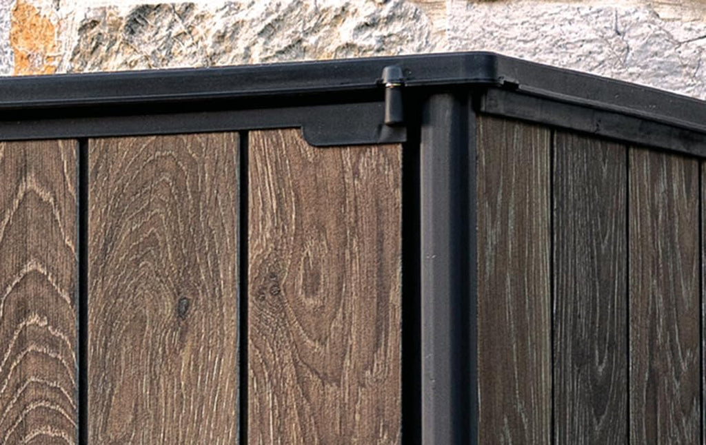 Keter Signature Weatherproof Plastic Garden Cabinet with Metal Reinforcement 1400 Litre Storage Space Lockable Walnut Wood Design