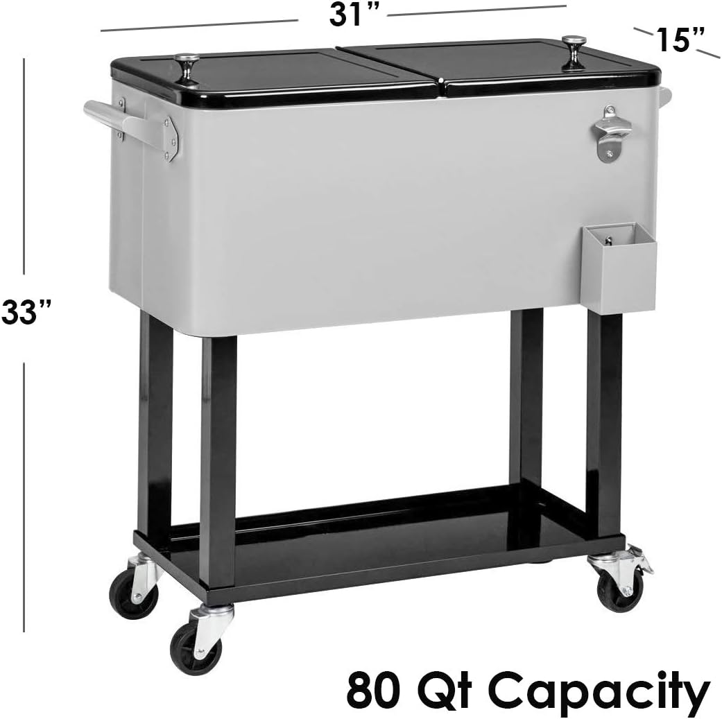 80 Quart Qt Rolling Cooler Ice Chest for Outdoor Patio Deck Party, Grey, Portable Party Bar Cold Drink Beverage Cart Tub, Backyard Cooler Trolley on Wheels with Shelf, Stand, & Bottle Opener