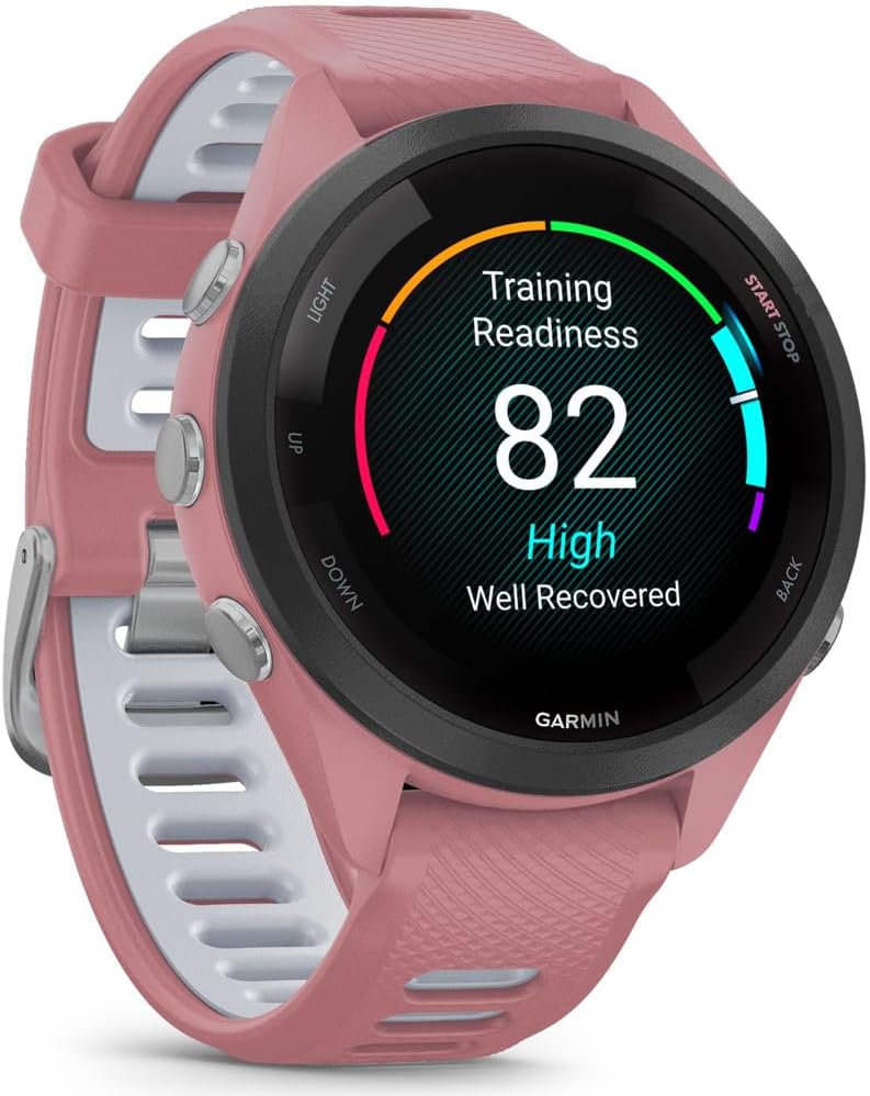 Garmin 010-02810-05 Forerunner 265S GPS Smartwatch, Light Pink/Whitestone | Official USA Partner Model | Bundle with Sport Towel + Deco Essentials Wearable Commuter Front & Rear Safety Light